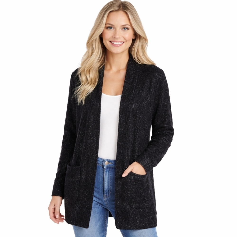 Lou & Grey for LOFT Women's Black Sparkly Plush Open Cardigan Size XS
